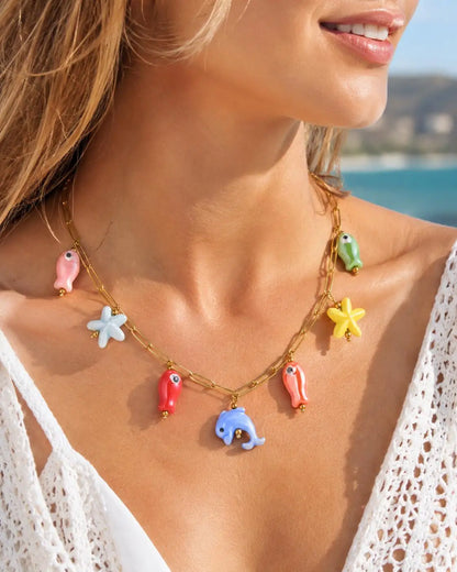 18K Gold Plated Stainless Steel Beach Charm Necklace with Pearl, Shell & Starfish