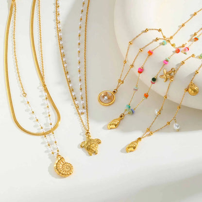 18K Gold Plated Stainless Steel Beach Charm Necklace with Pearl, Shell & Starfish