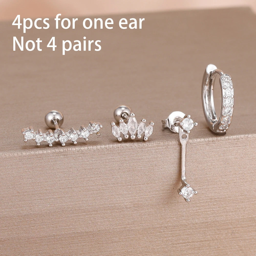 4-Piece Stainless Steel Zircon Huggie Hoop Earrings Set for Women