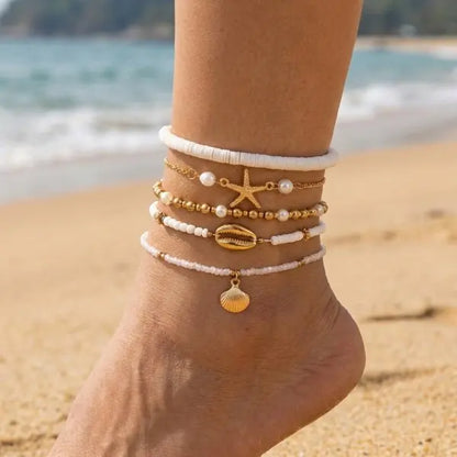 Bohemian Multi-Layer Beaded Anklet Set with Starfish Charm for Women