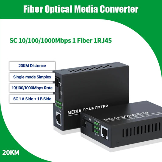 Gigabit Fiber Optic Media Converter 10/100/1000Mbps Single Mode SC Fiber to RJ45 Ethernet Converter 20KM