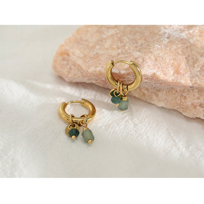 18K Gold Plated Stainless Steel Hoop Earrings with Natural Green Stone