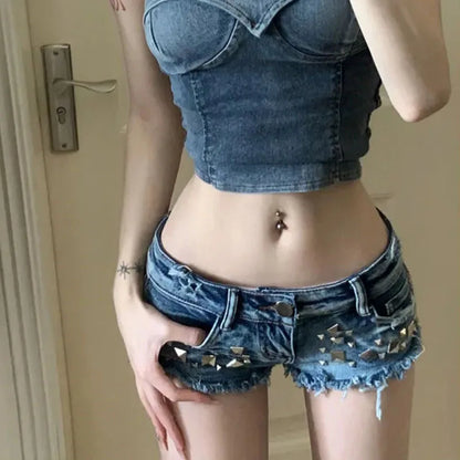 Low Rise Slim Fit Denim Shorts with Rivets
