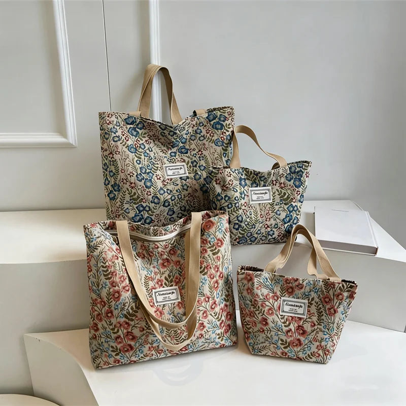 Embroidery Floral Canvas Handbags Delicate Blossom Pattern Tote Shoulder Bag for Women, Casual Outing, Work, Everyday Essentials