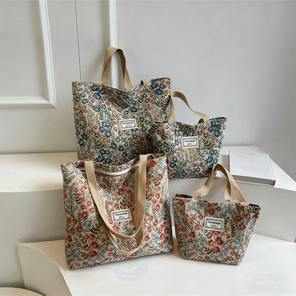 Embroidery Floral Canvas Handbags Delicate Blossom Pattern Tote Shoulder Bag for Women, Casual Outing, Work, Everyday Essentials