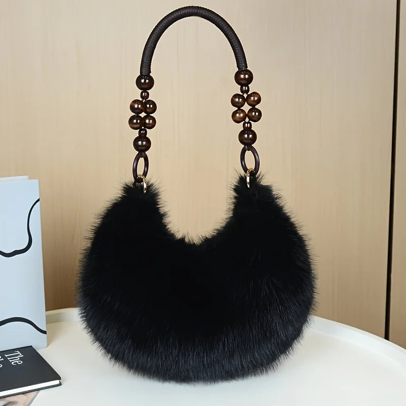 Women's Faux Handbag, Plush Faux Tote Purse with Bead Accented Strap, Zipper Closure Elegant Handbags Shoulder Bags for Everyday
