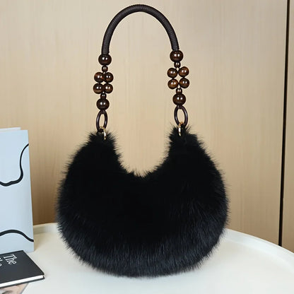 Women's Faux Handbag, Plush Faux Tote Purse with Bead Accented Strap, Zipper Closure Elegant Handbags Shoulder Bags for Everyday