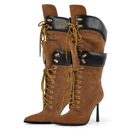 Premium Pointed Toe Lace-Up Stiletto Mid-Calf Boots
