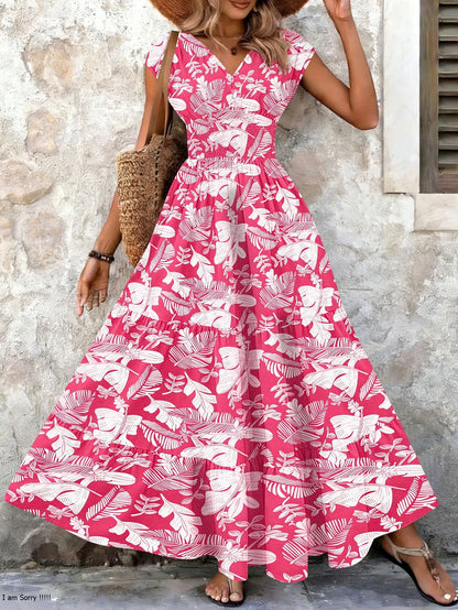 Vintage Floral Print V-Neck Short Sleeve Maxi Dress