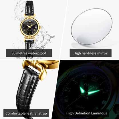 Luxury Vintage Gold Quartz Wrist Watch with Roman Numeral Dial & Leather Strap