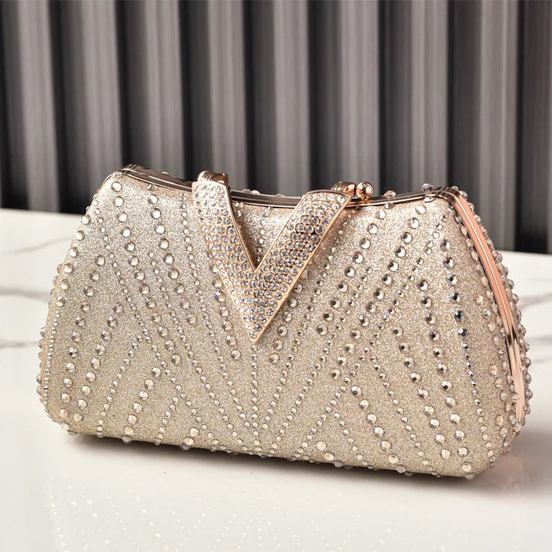 Silver Party Bag Diamond Wedding Inspired Designer Handbags for Women V Hasp Luxury Quality  Rhinestone Shoulder Crossbody Bags