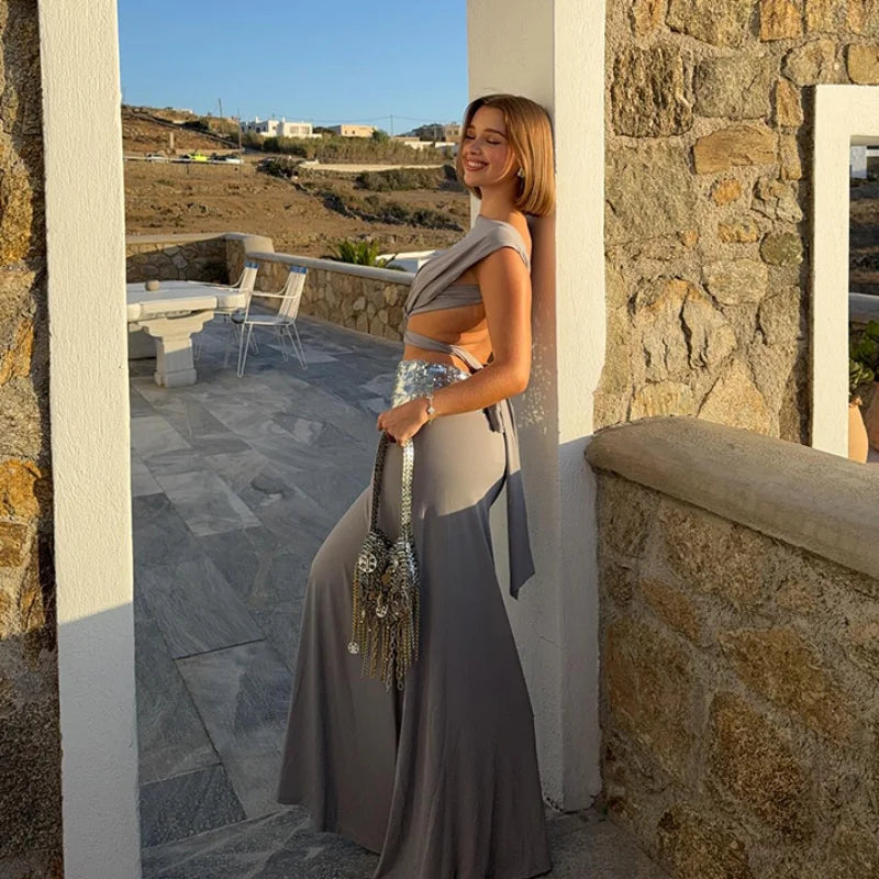 Sleeveless O-Neck Backless Two-Piece Maxi Skirt Set