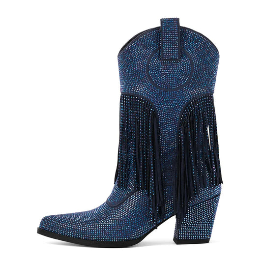 Premium Rhinestone Pointed Toe Mid-Calf Boots