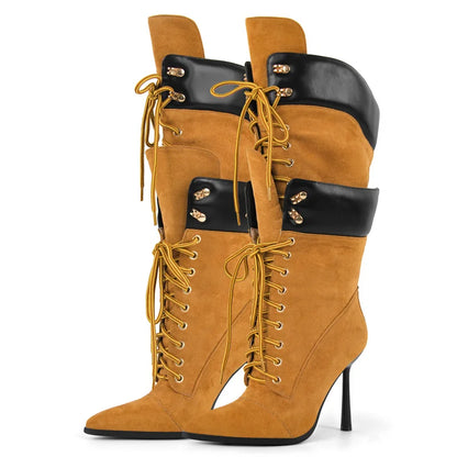 Premium Pointed Toe Lace-Up Stiletto Mid-Calf Boots