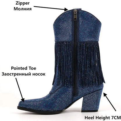 Premium Rhinestone Pointed Toe Mid-Calf Boots