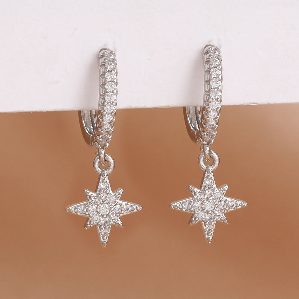 Luxury Stainless Steel Star Dangle Earrings with Sparkling Zircon