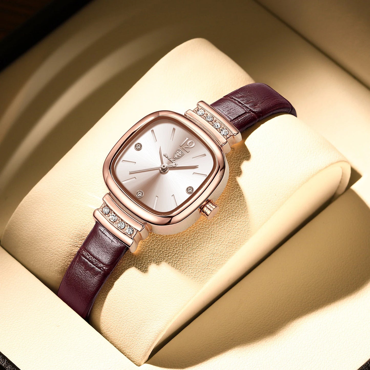 Luxury Square Leather Quartz Wrist Watch with Crystal Accents