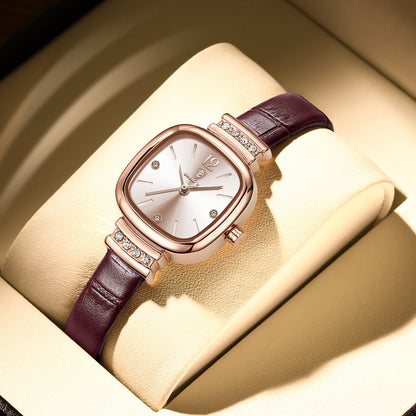 Luxury Square Leather Quartz Wrist Watch with Crystal Accents
