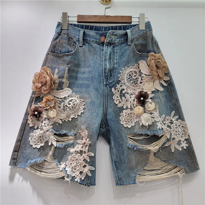 Lace Patchwork Wide Leg Denim Shorts