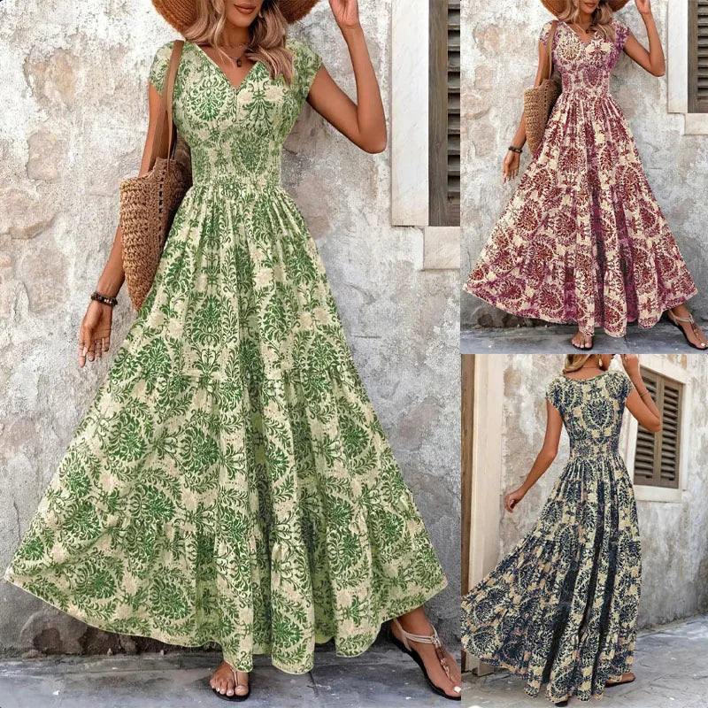 Vintage Floral Print V-Neck Short Sleeve Maxi Dress