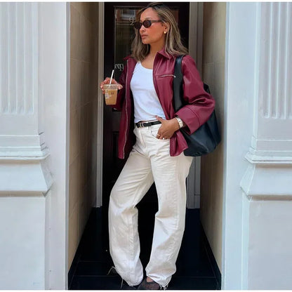 Faux Leather Lapel Zipper Jacket