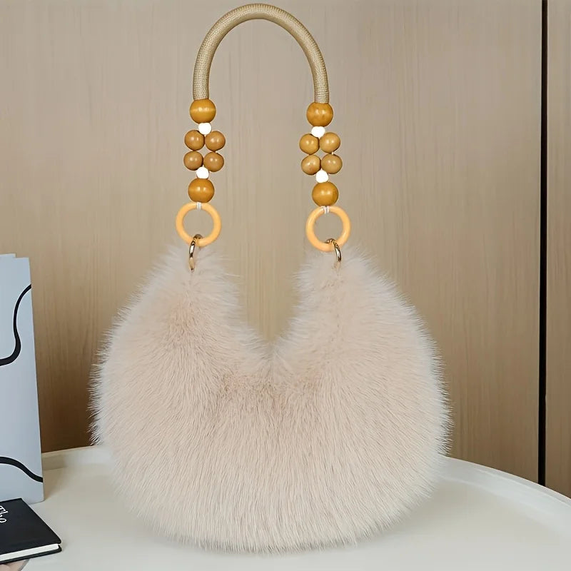 Women's Faux Handbag, Plush Faux Tote Purse with Bead Accented Strap, Zipper Closure Elegant Handbags Shoulder Bags for Everyday