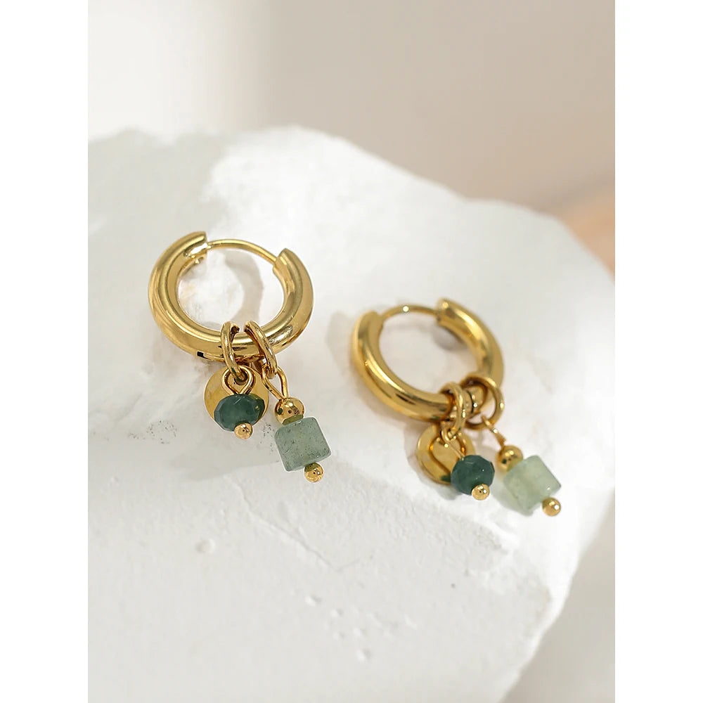 18K Gold Plated Stainless Steel Hoop Earrings with Natural Green Stone