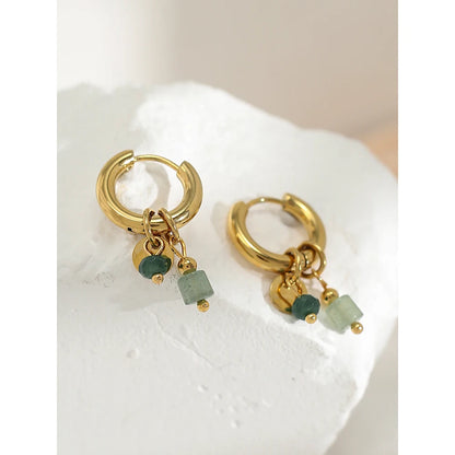 18K Gold Plated Stainless Steel Hoop Earrings with Natural Green Stone