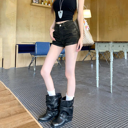 High Waist Camouflage Denim Shorts
