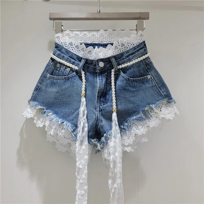 Raw Hem Denim Shorts with Crochet Lace Trim & Pearl Belt