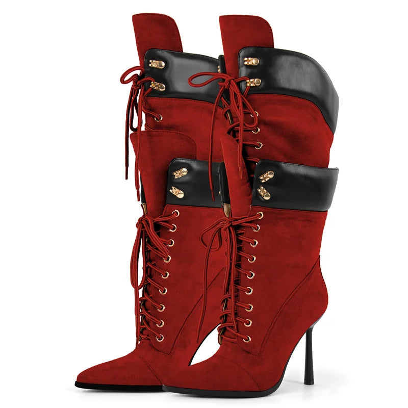 Premium Pointed Toe Lace-Up Stiletto Mid-Calf Boots