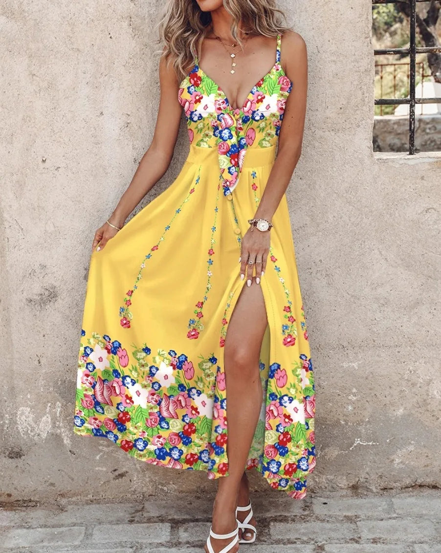 Ombre Leaf Print Eyelet Strap Sleeveless Maxi Dress