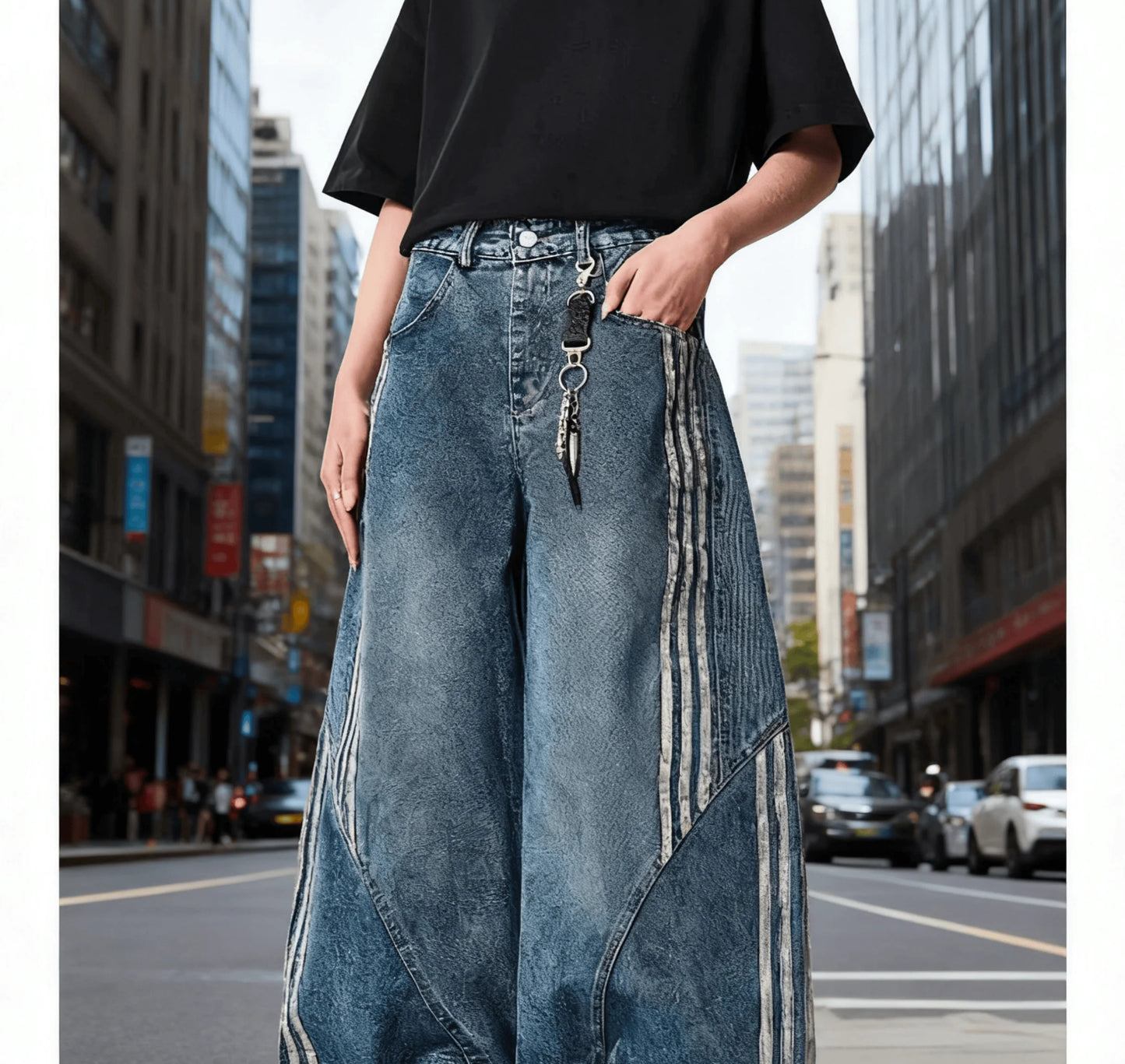 Vintage Washed Distressed Wide Leg Denim Jeans with Stripe Detail