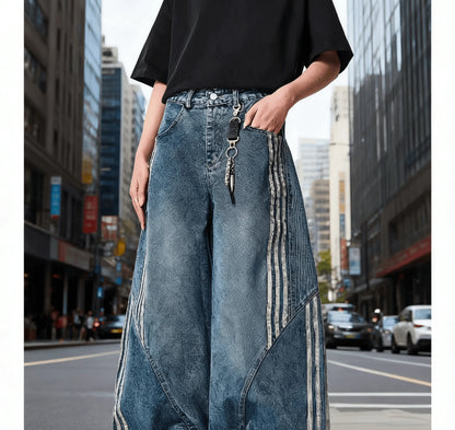 Vintage Washed Distressed Wide Leg Denim Jeans with Stripe Detail