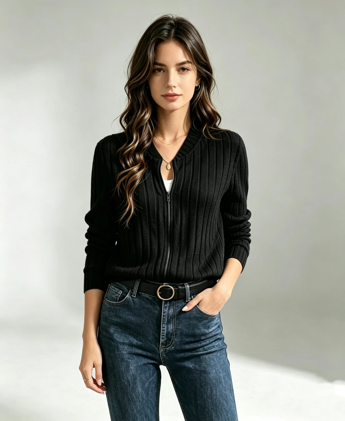 Ladies Autumn Winter Solid Color Ribbed Zipper Long Sleeve Jacket Outerwear