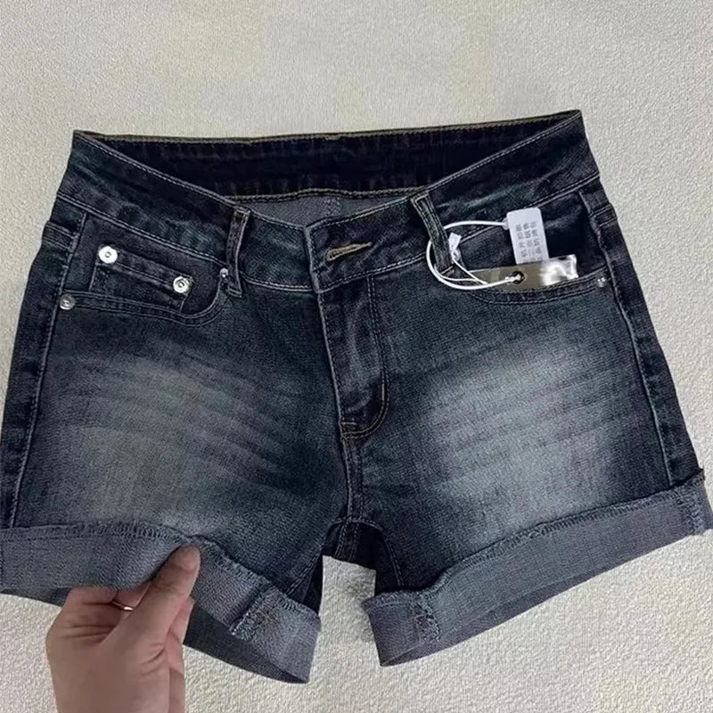 Low Rise Deep Blue Distressed Denim Shorts with Roll-Up Hem
