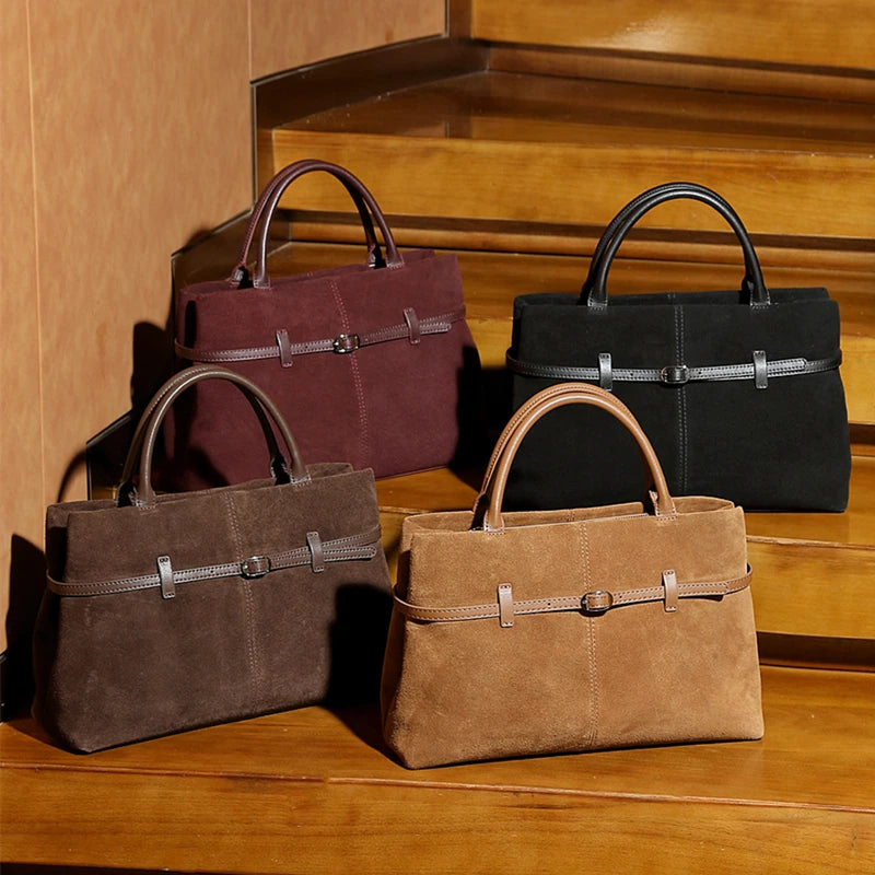BURMINSA Large Genuine Suede Leather Work Tote Bag Women Vintage Cowhide Top Handle Shoulder Bag Daily Office Commuter Handbags