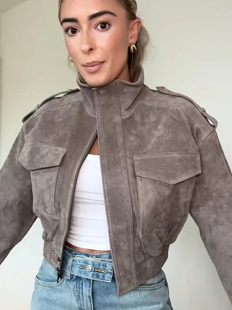 Faux Suede Short Zip-Up Jacket