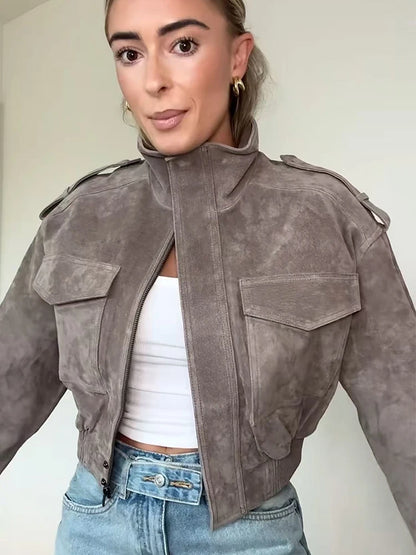 Faux Suede Short Zip-Up Jacket