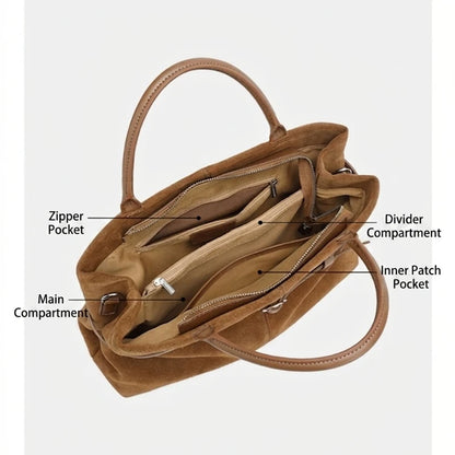 BURMINSA Large Genuine Suede Leather Work Tote Bag Women Vintage Cowhide Top Handle Shoulder Bag Daily Office Commuter Handbags