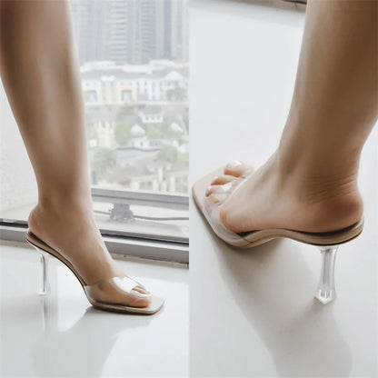 Women's Clear PVC Square Toe Mule Sandals with Metal Heel