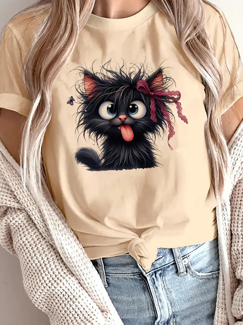 Funny Fried Cat Graphic Short Sleeve Casual T-Shirt