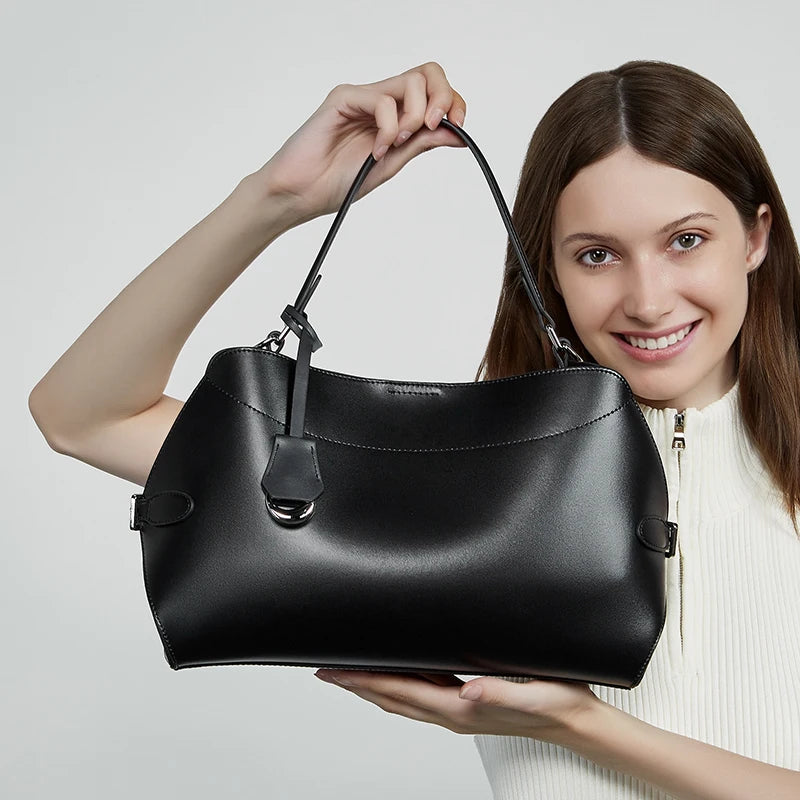 BURMINSA Large Genuine Leather Work Shoulder Bag Women Vintage Brown Cowhide Tote Bag Daily Office Commuter Crossbody Handbags