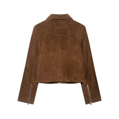 KONDALA 2025 Fall Winter Suede Zip Up Streetwear Women Jackets Fashion Casual Turndown Collar Brown Chic Elegant Ladies Jackets