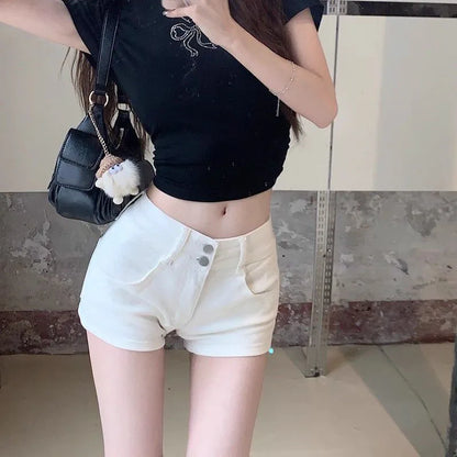 Low Rise Slim Fit Denim Shorts with Double Button Closure