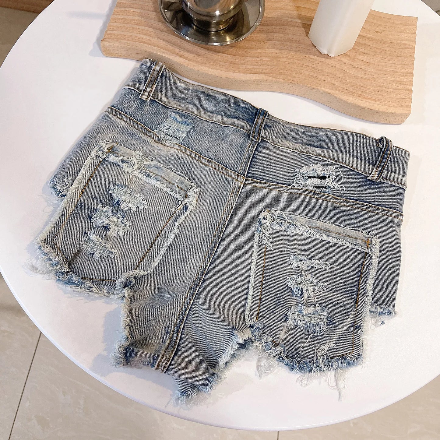 High Waist Hollow Out Ripped Denim Shorts