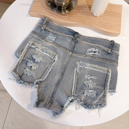 High Waist Hollow Out Ripped Denim Shorts