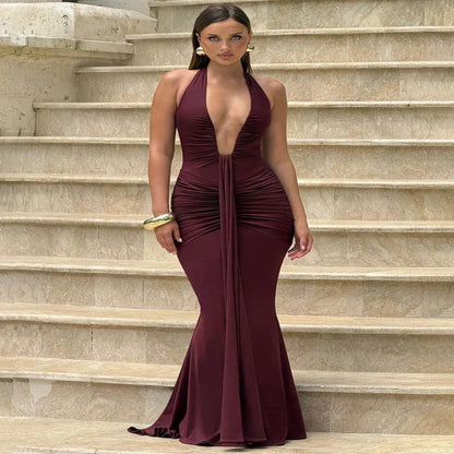 Deep V-Neck Halter Sleeveless Backless Ruched Maxi Dress