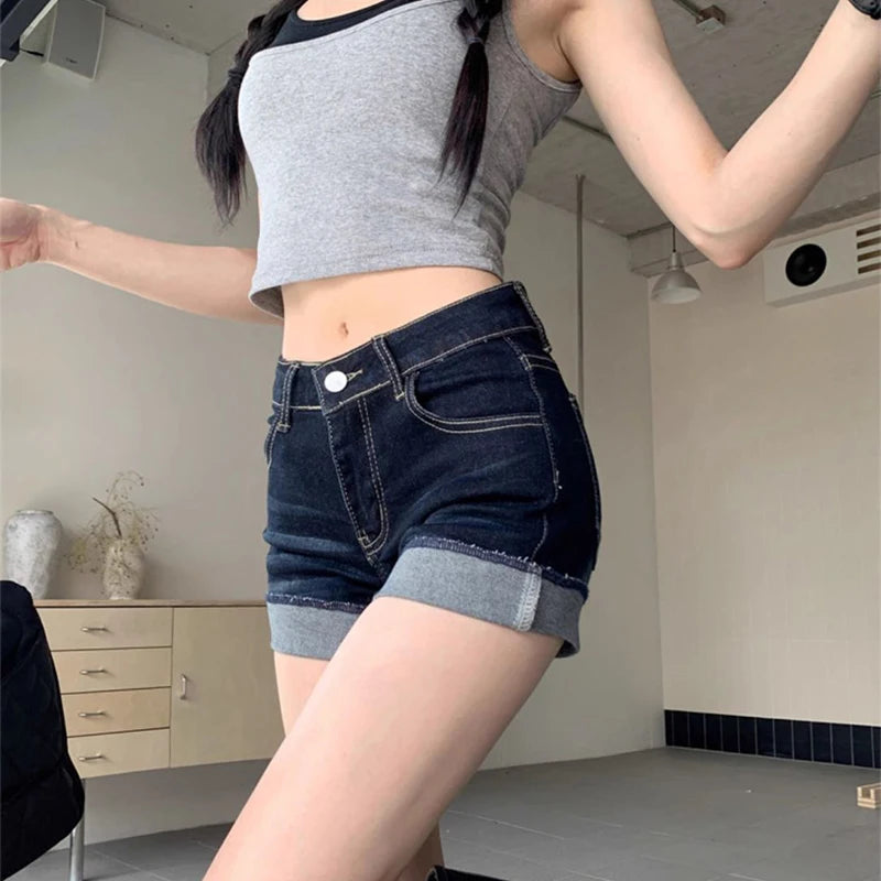 High Waist Roll-Up Hem Denim Shorts