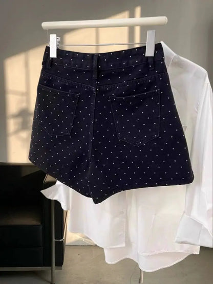 High Waist Polka Dot A-Line Denim Shorts
